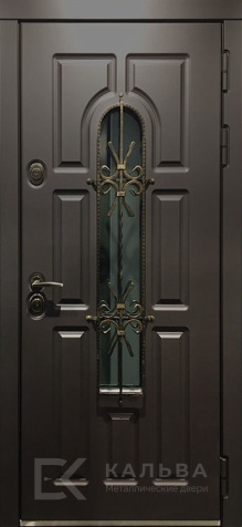 Фото «Железная тёмная дверь для частного дома с ковкой и стеклом №3»